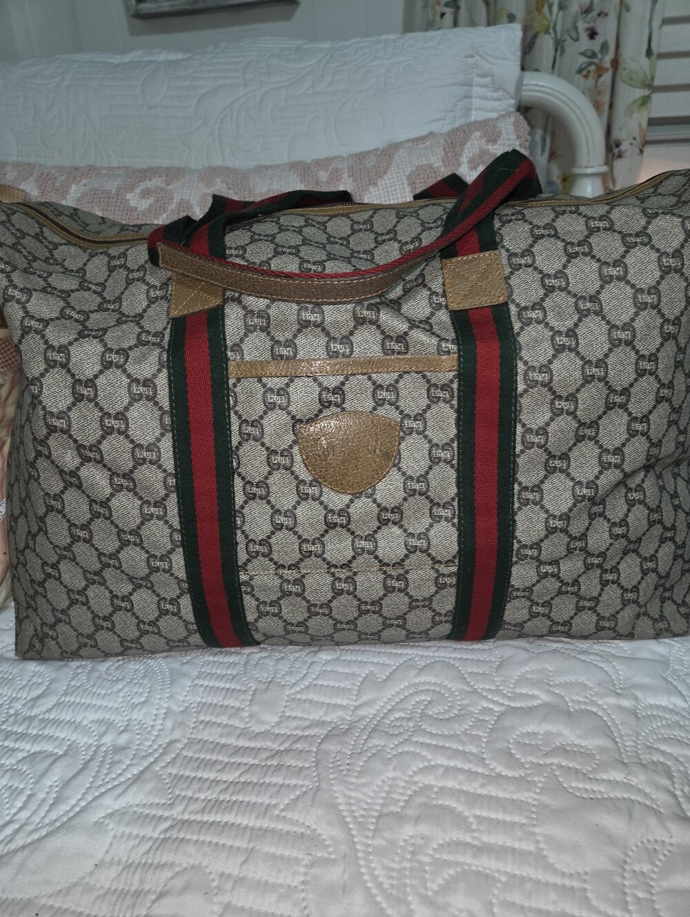 Gucci GG Plus Beige Monogram Travel Tote with Red and Green Straps Sherry Line